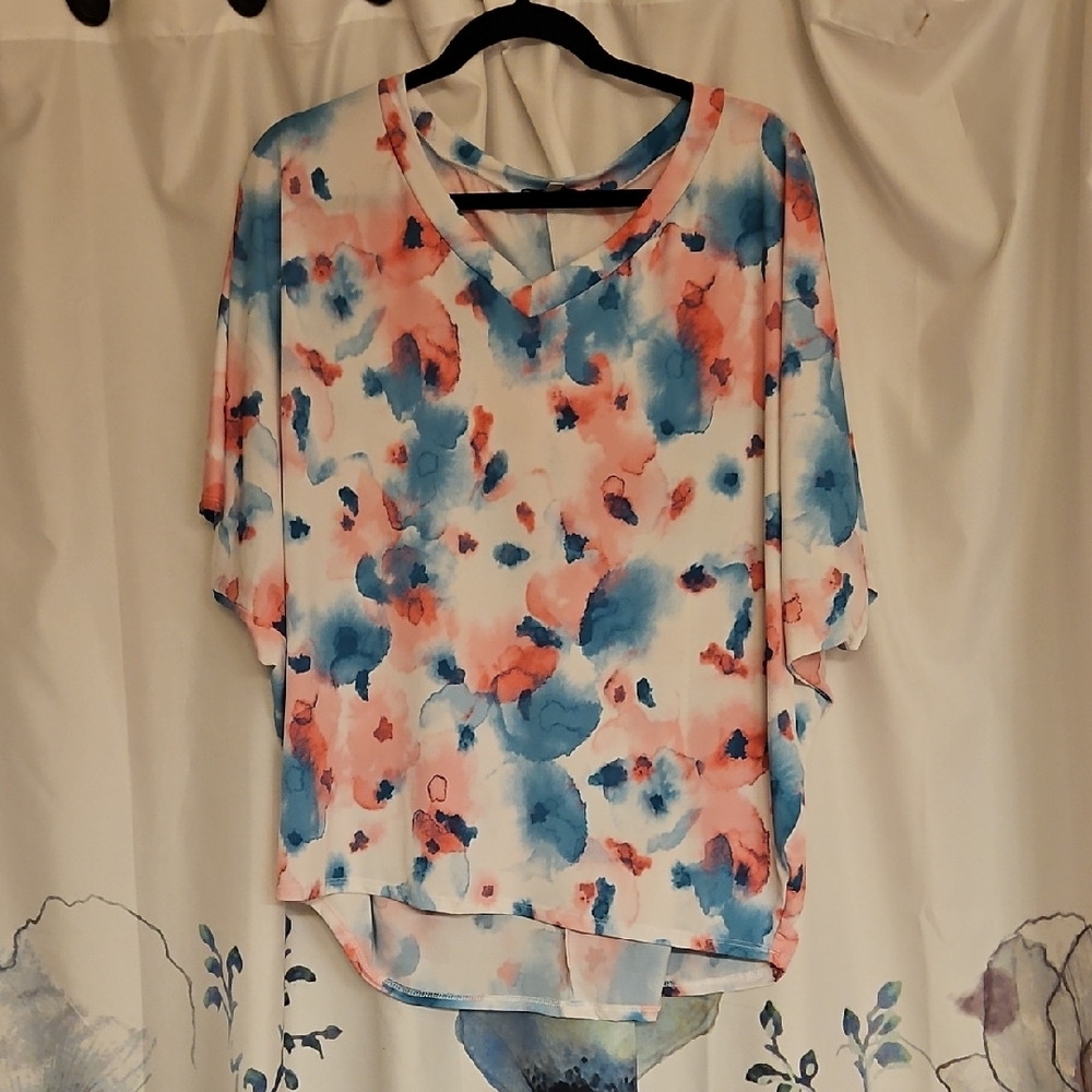 White Birch V-Neck Blouse - Blue and Pink